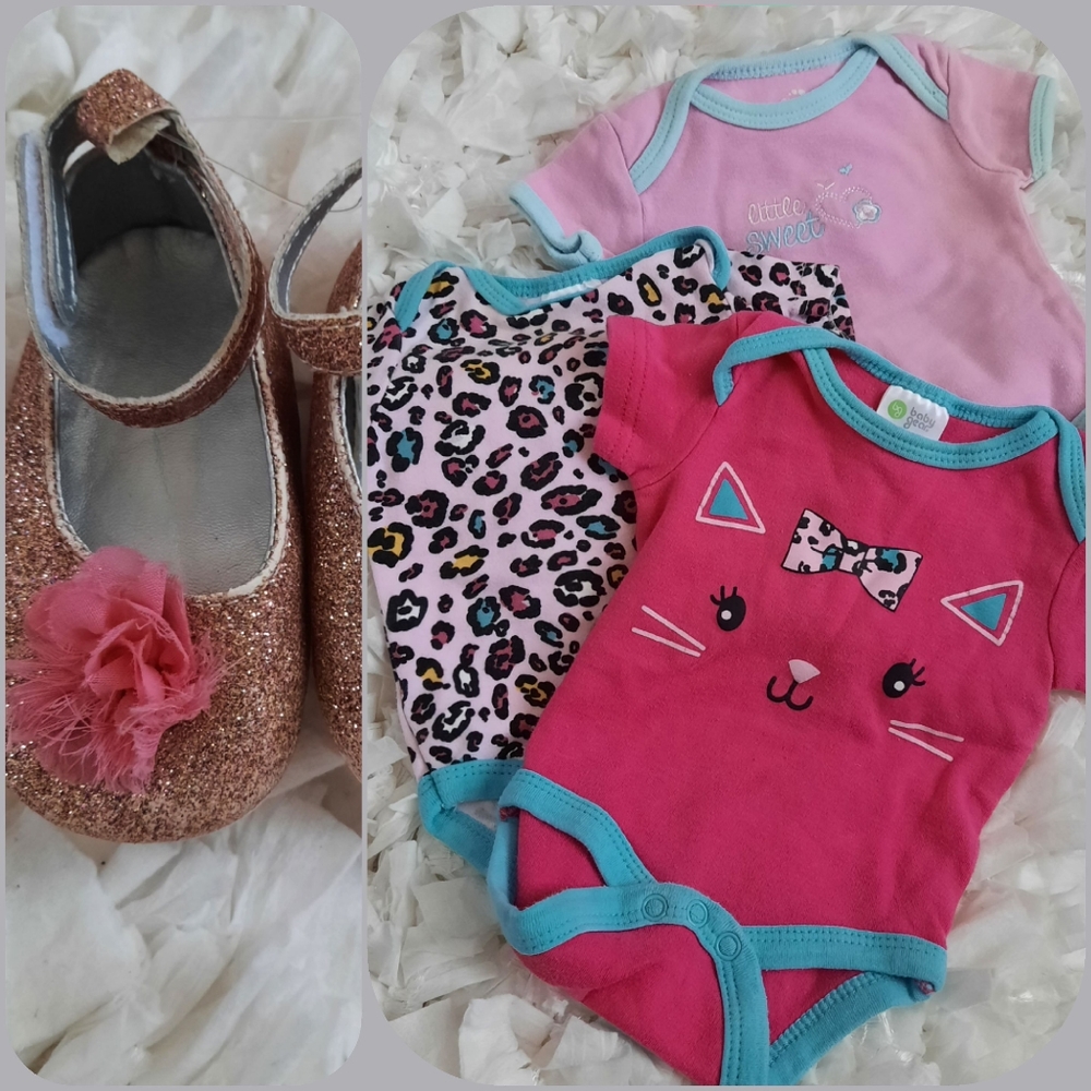 Kitty Cat Sparkle 0-3M Bundle Glitter Crib Shoes + Onesies 4 PCS